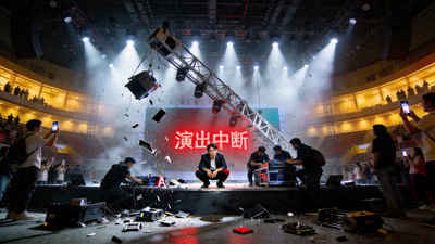 明星A演唱会突发事故现场照片，舞台设备故障导致演出中断